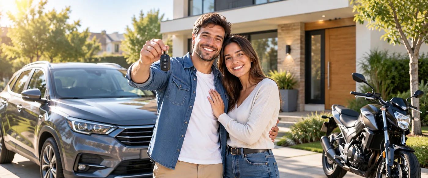 Pareja feliz con las llaves de su auto y su moto recién aseguradas con Capecce Seguros
